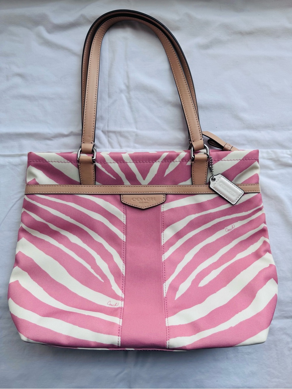 Coach Pink and White Zebra-Print Tote with Tan Leather Trim
